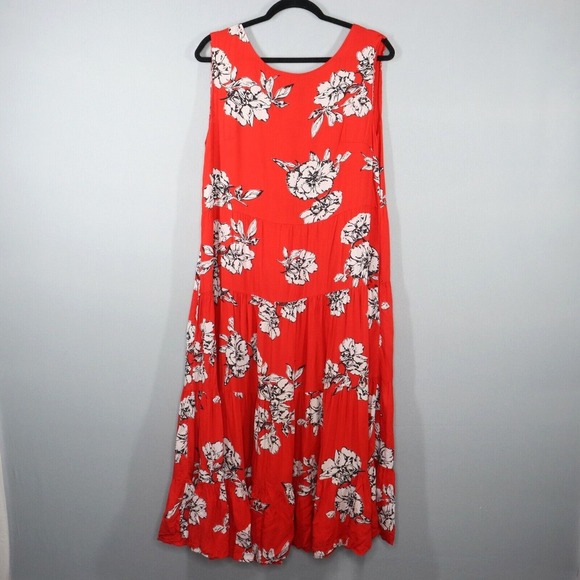 Free People Midi Dress Size M Rita Tiered Flowy Red Floral Print Scoop Open Back - Picture 1 of 8